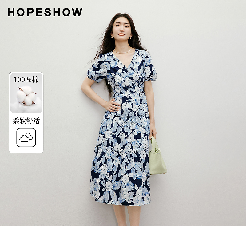 红袖2025夏女装 【晨雾花园】印花泡泡短袖V领茶歇裙90125181608