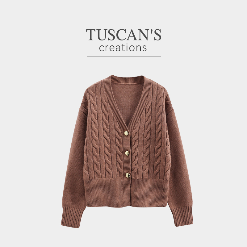TUSCAN'S CREATIONS纯羊毛针织衫短款秋冬V领开衫衫上衣时代