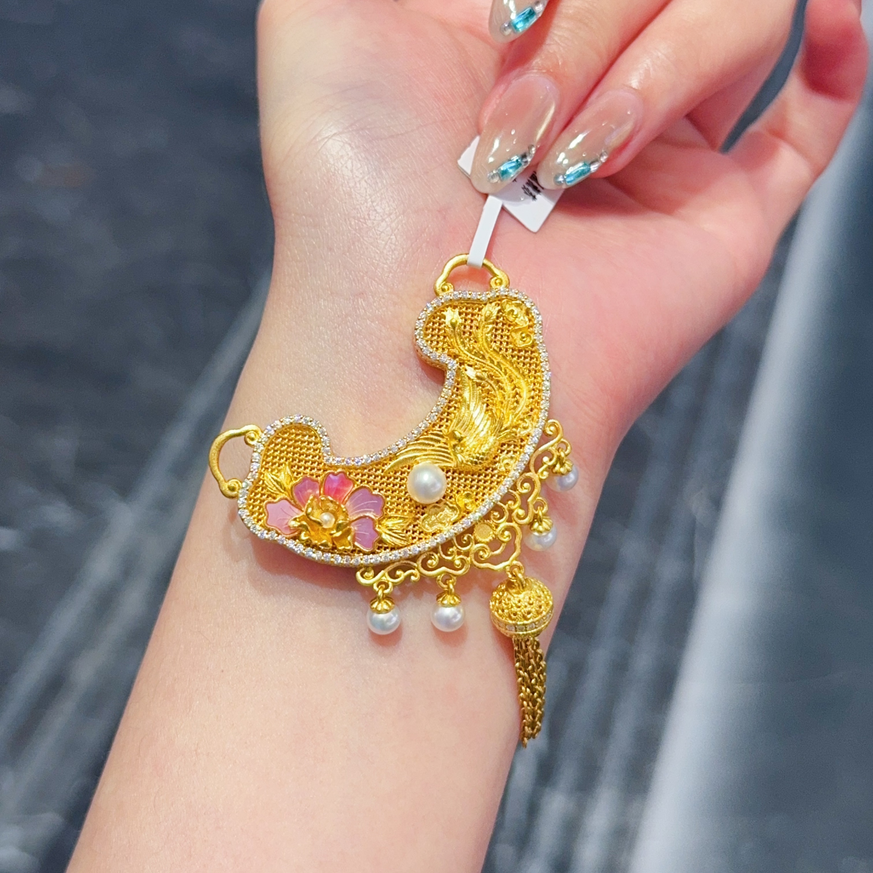 【新美源】足金999 镶嵌工艺 螺钿凤凰流苏吊坠（不含链）