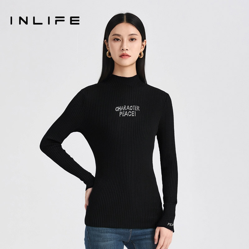 inlife美式复古半高领打底衫慵懒修身针织衫Y23D1M7750