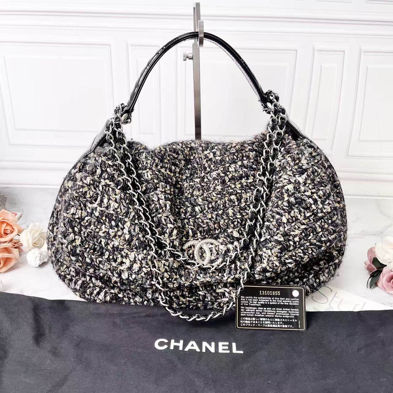 95新 Chanel/香奈儿 毛呢编织hobo手提单肩包xxl机场包