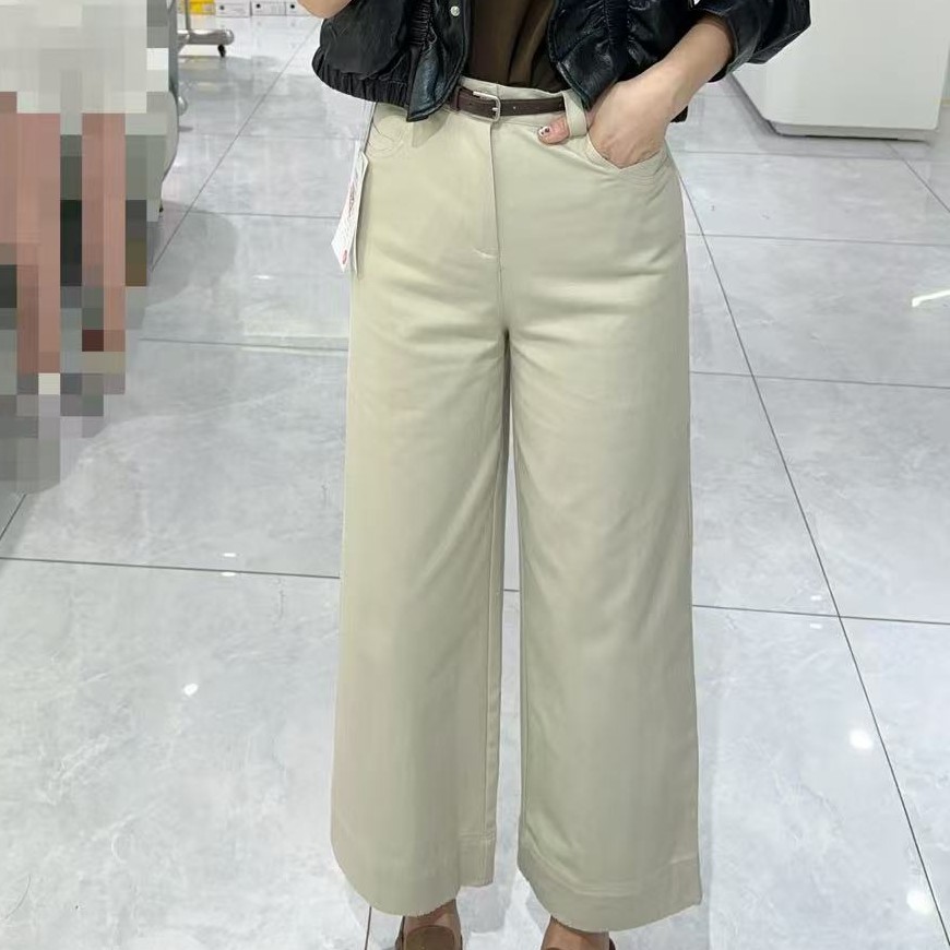 洋气带皮带杏色九分阔腿裤