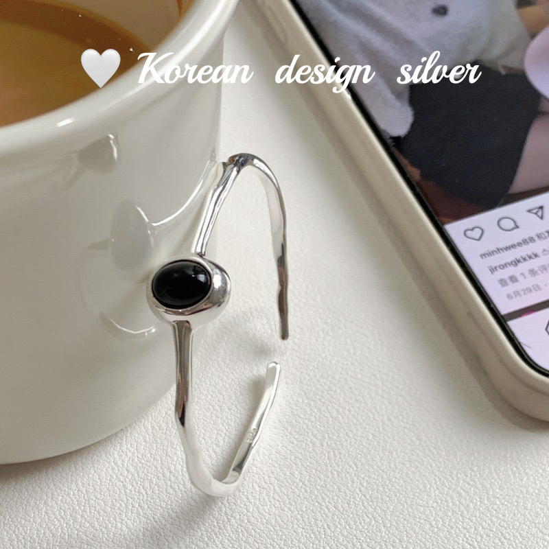 925银手镯 韩国S925纯银手镯黑玛椭圆树枝可调节手环日韩小众ins