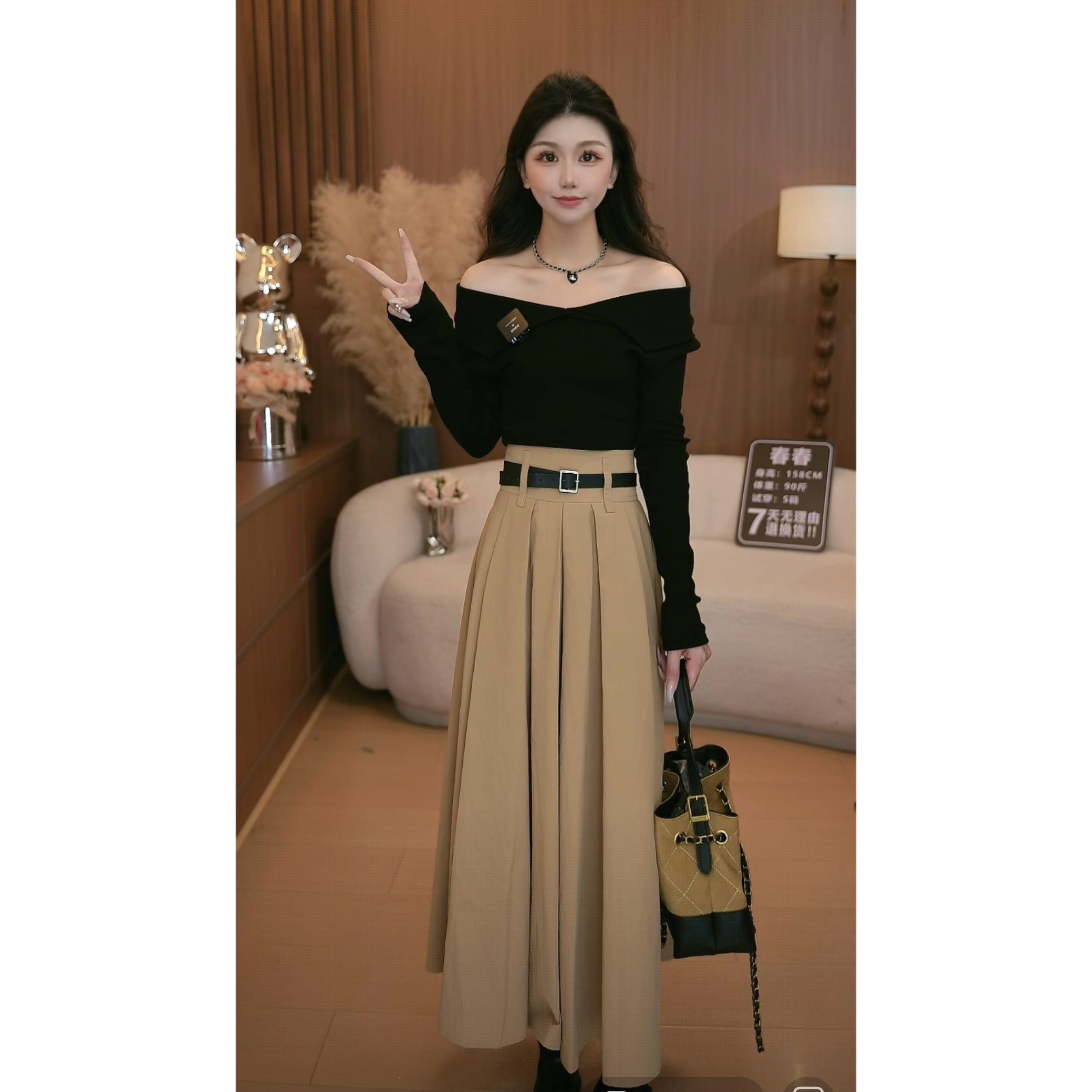 卡其色高腰百褶A字半身裙子女秋季新款气质显瘦百搭个性长裙套装