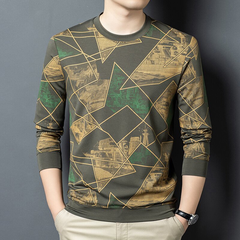 长袖休闲中年上衣印花常规款圆领秋季男装男士35-45岁高档男秋装