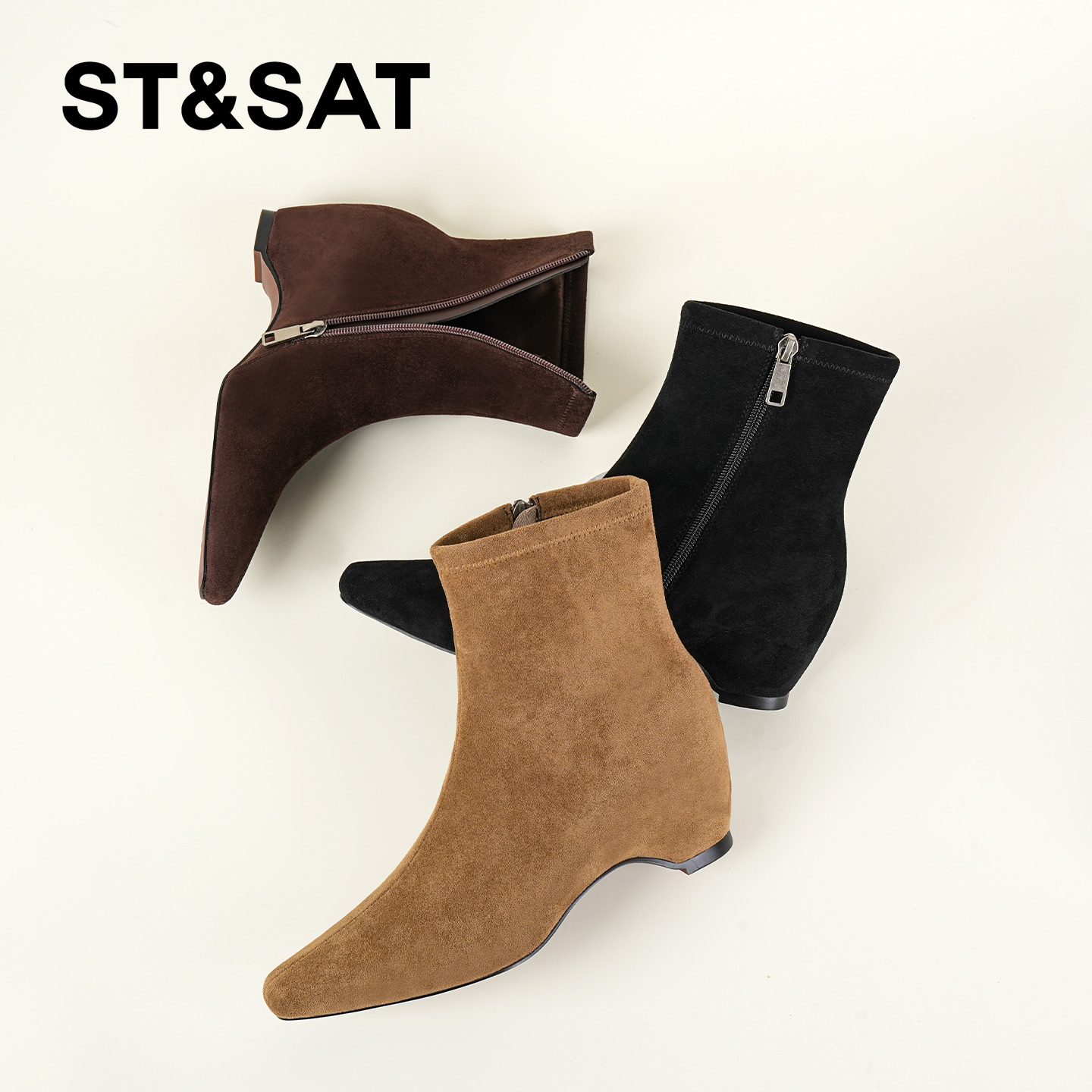 St&Sat/星期六粗跟百搭时装靴复古英伦风短靴气质法式方头瘦瘦靴