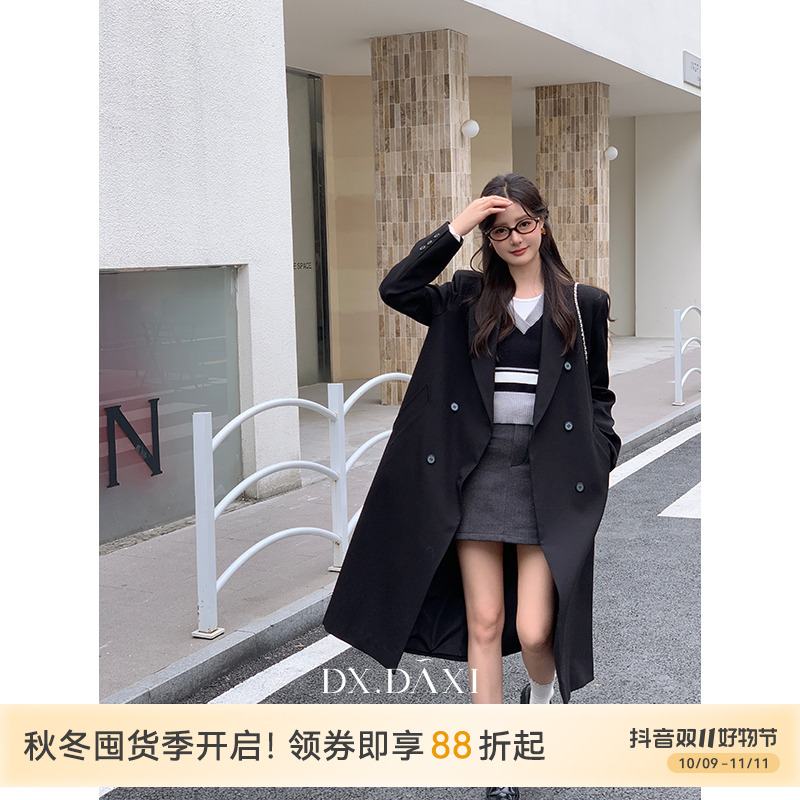 代大喜【韩系校花】韩系气质西装外套秋季新款休闲黑色中长款上衣