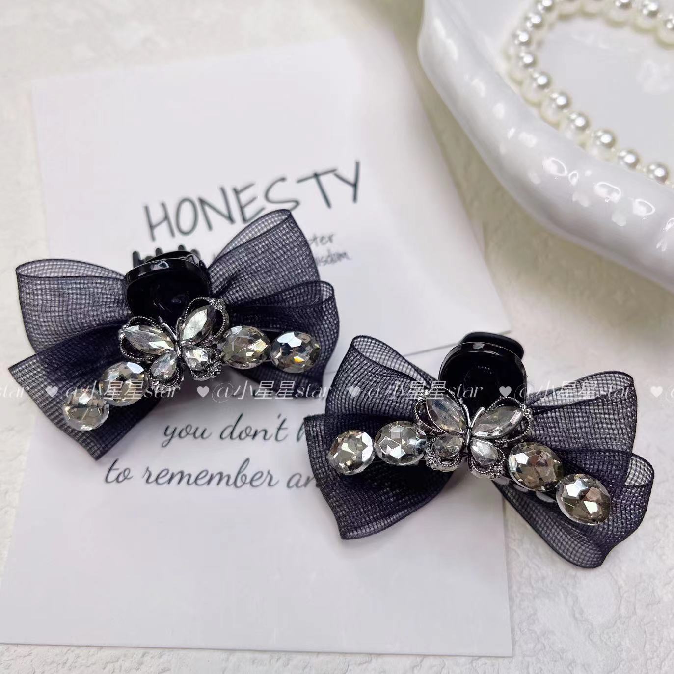 2024款秋冬轻奢气质黑色网纱蝴蝶AB面刘海夹侧边夹碎发夹发饰