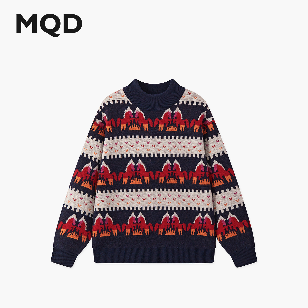 【复古提花】MQD男童25冬复古条纹撞色学院风半高领毛衣9654W0798