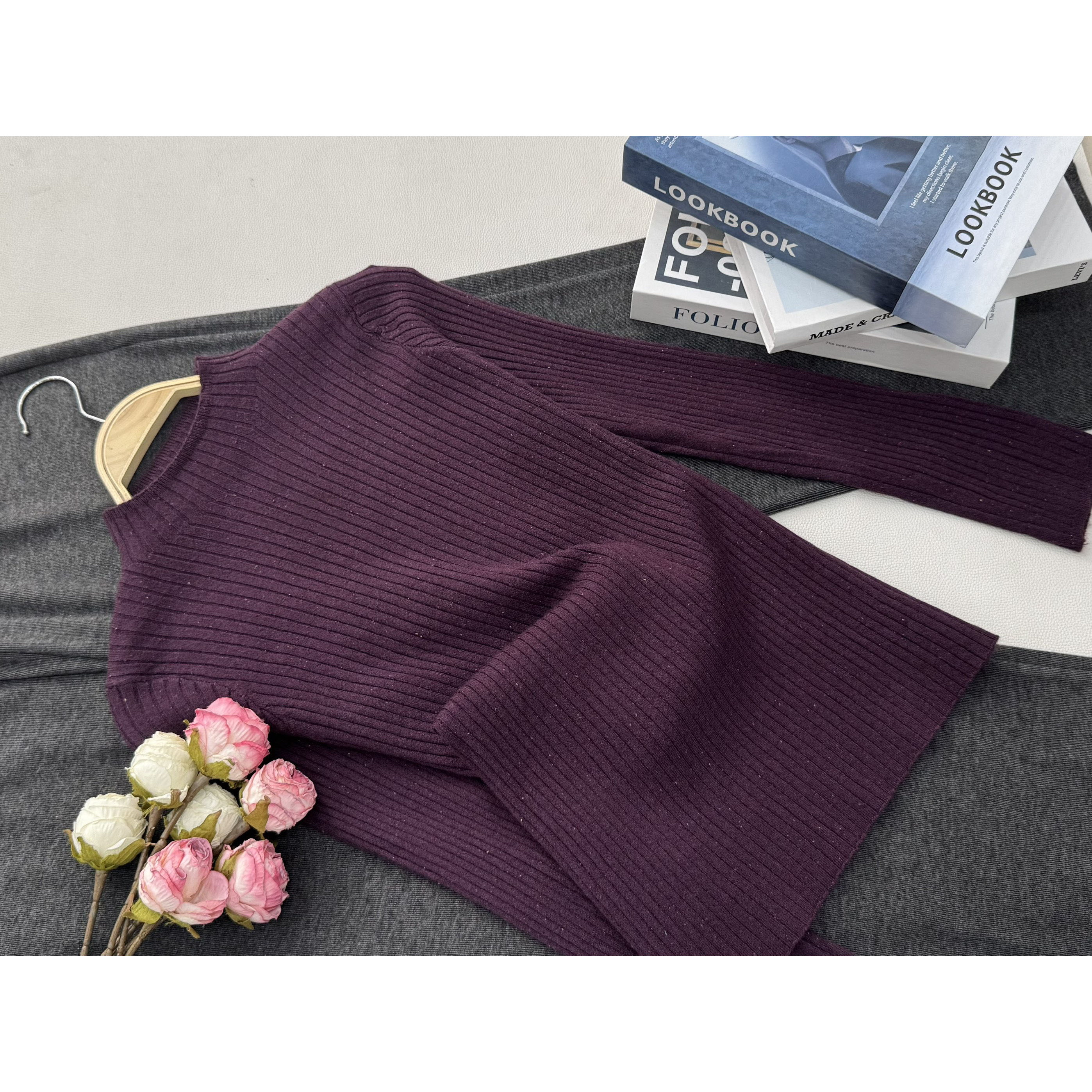 【紫色竖坑条套头】秋季新款时尚长袖针织上衣QC5923