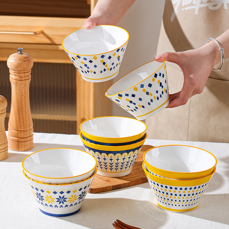 【8只装】高颜值饭碗家用5英寸炫彩斗笠碗网红陶瓷餐具加厚防烫面碗