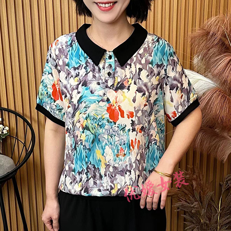妈妈装夏季薄款时尚翻领碎花宽松显瘦百搭中老年女装短袖上衣A825