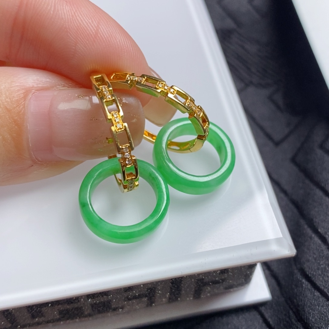翡翠18K金镶嵌耳饰甜绿圈圈➕链条耳包