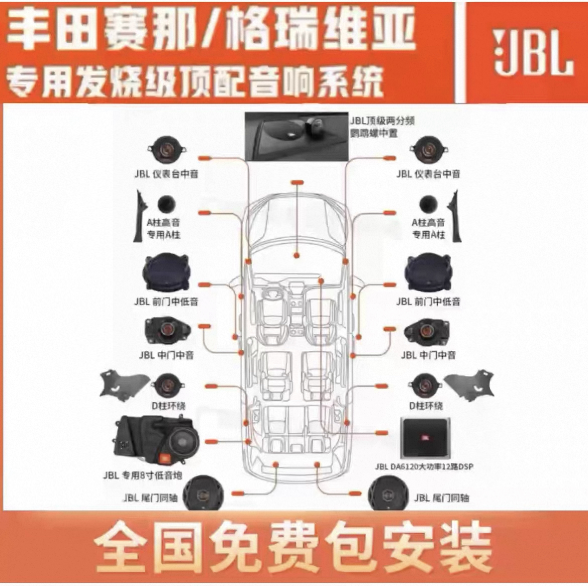 塞纳格瑞维亚亚洲龙皇冠陆放汉兰达陆巡霸道GL8威霆专用JBL音响