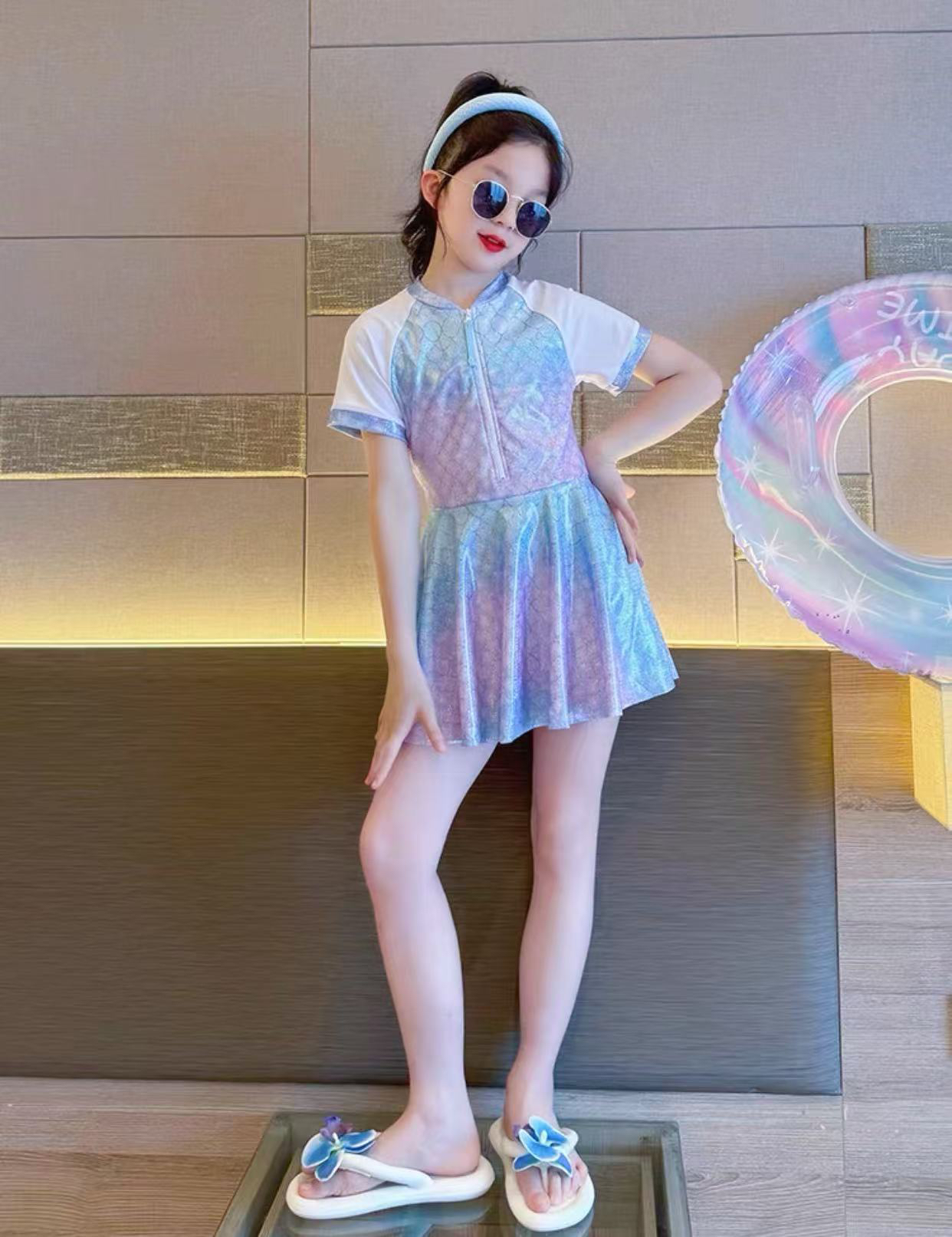 儿童泳装时尚泳衣美人鱼麟2025新款烫印游泳蕾丝