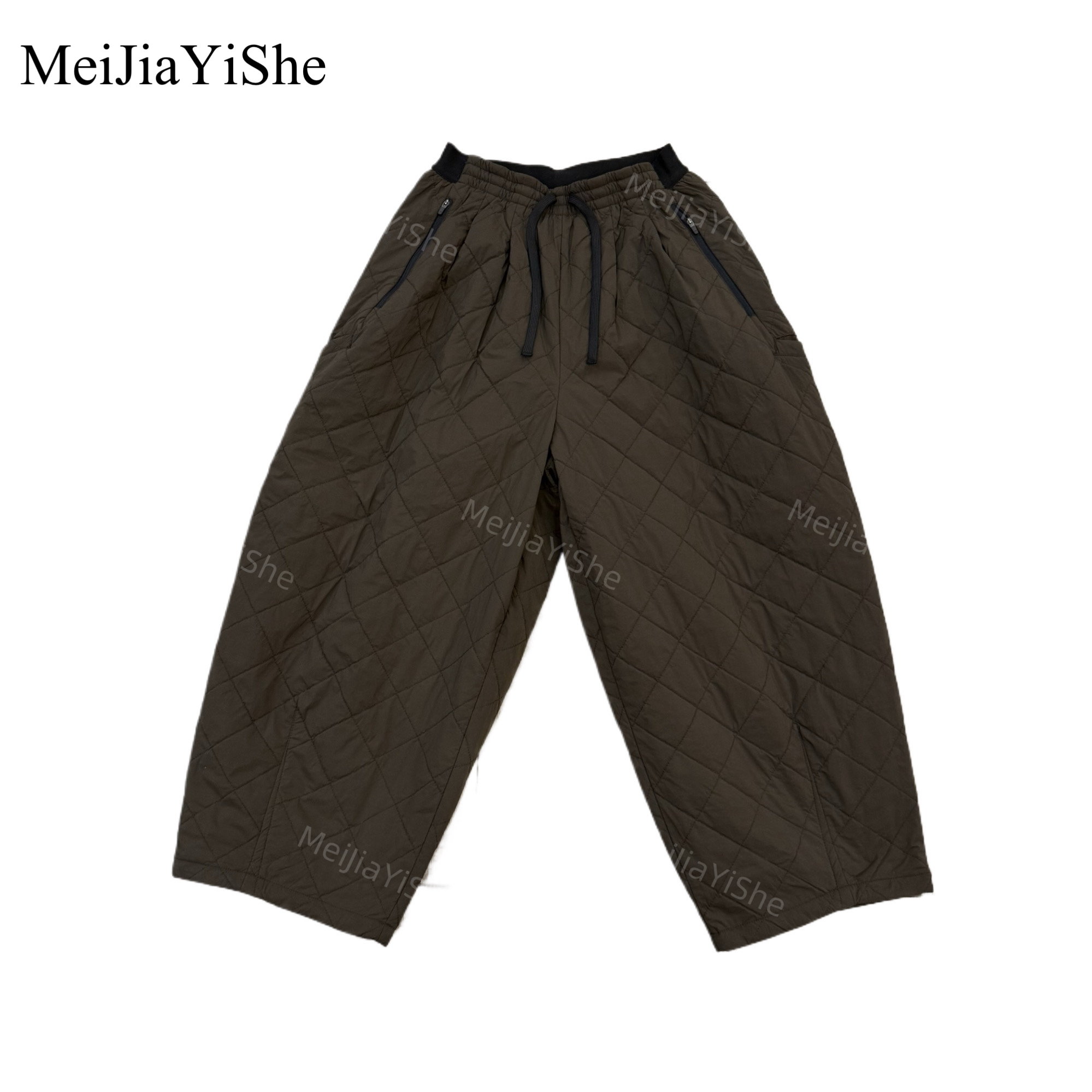 梅家2025新款宽松夹棉茧型松紧腰菱形格休闲裤