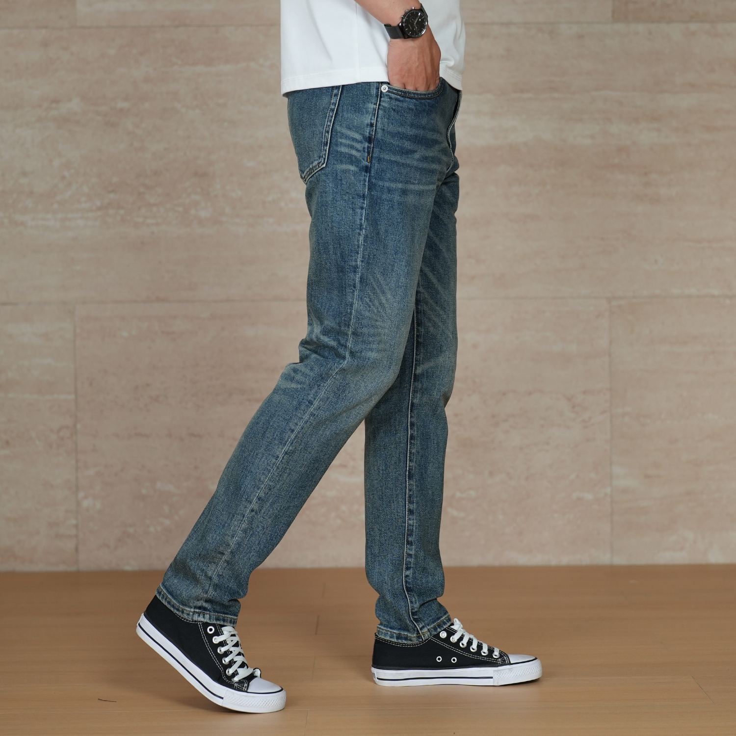 DIPAI/底牌春季【高品质13.5重磅大牛】百搭水洗怀旧蓝弹力牛仔裤男