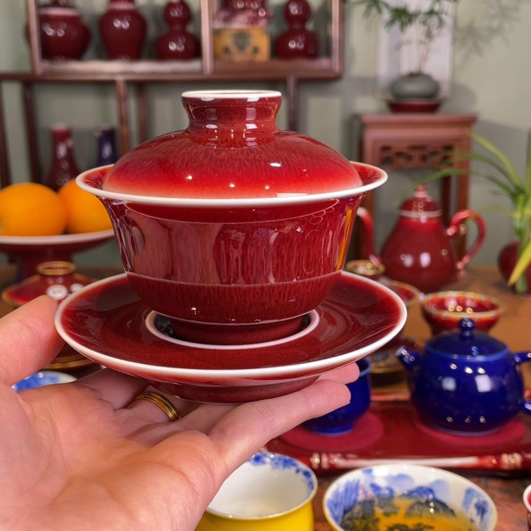 清欢雅玩原矿郎红元宝盖碗150毫升