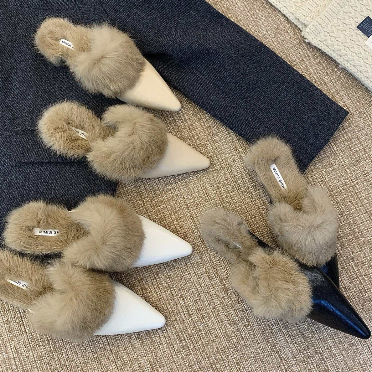 V3-12毛绒加绒包头拖罗马元素平底气质浅口韩版法式