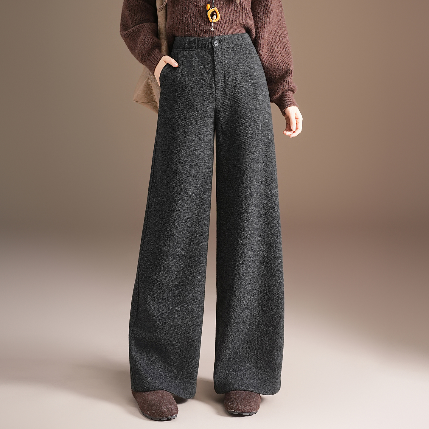 松弛感醋酸羊毛呢阔腿裤女2025秋冬新款宽松加厚休闲直筒裤子