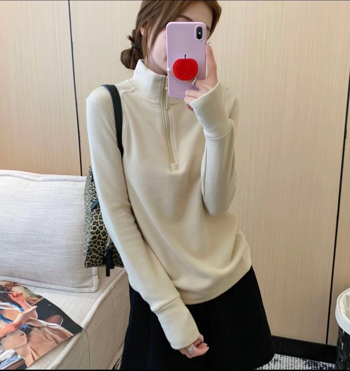 大码德绒自发热锁温半拉链打底衫女秋冬修身百搭立领显瘦纯色上衣