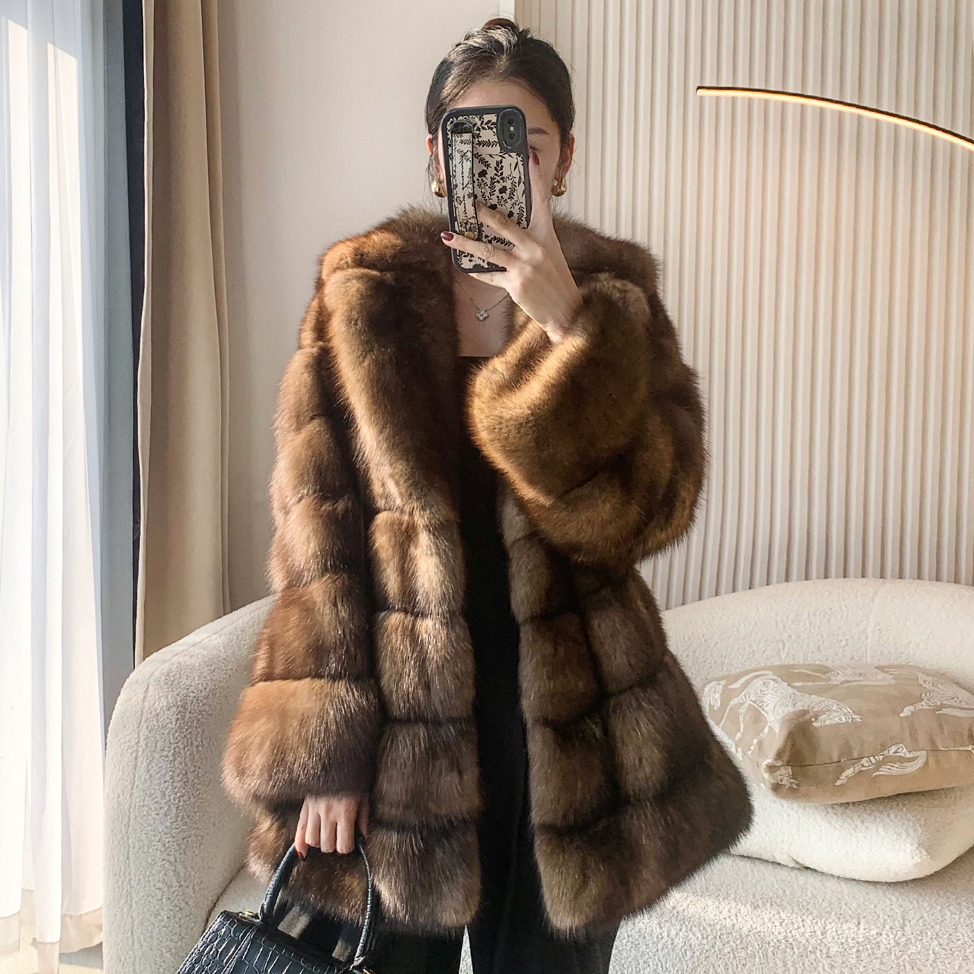 2025新款进口俄罗斯紫貂满天星整貂中长款翻领水貂时尚貂皮大衣女