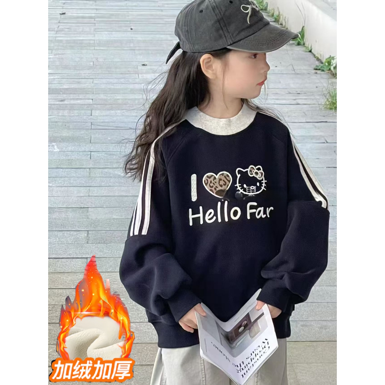 女童卫衣2025冬季新款儿童卡通圆领加绒中大童宽松加厚一体绒上衣