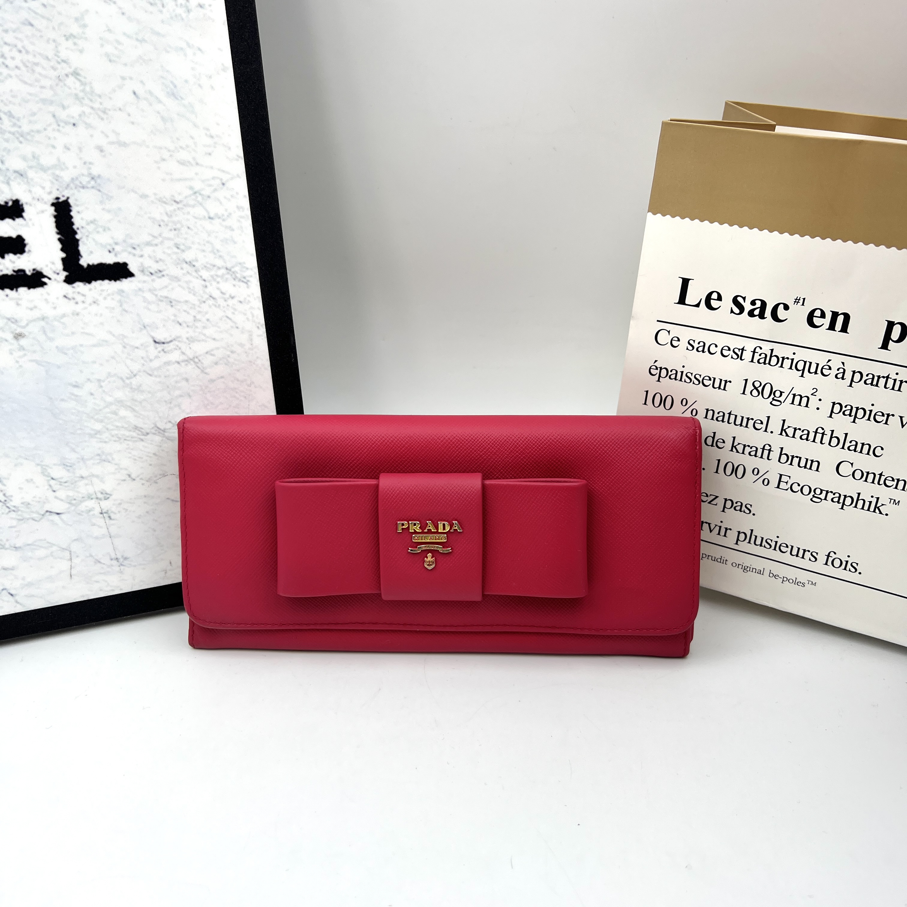 95新 Prada/普拉达 8326/桃粉蝴蝶结长款钱包