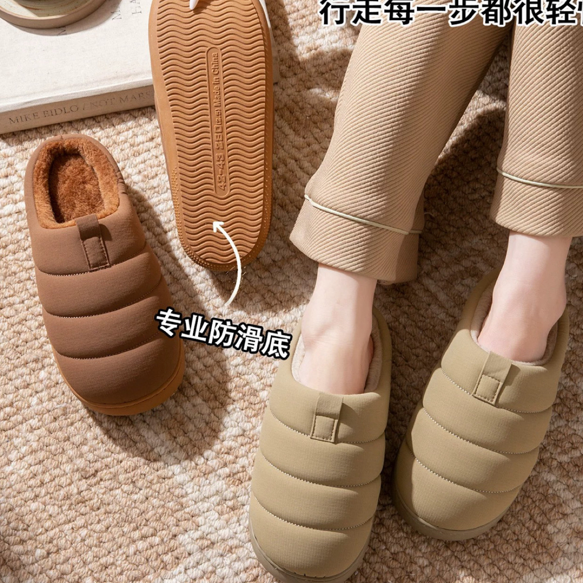 松软法棍~！皮面防水ins高级感棉拖鞋女居家加绒保暖防滑毛毛拖鞋