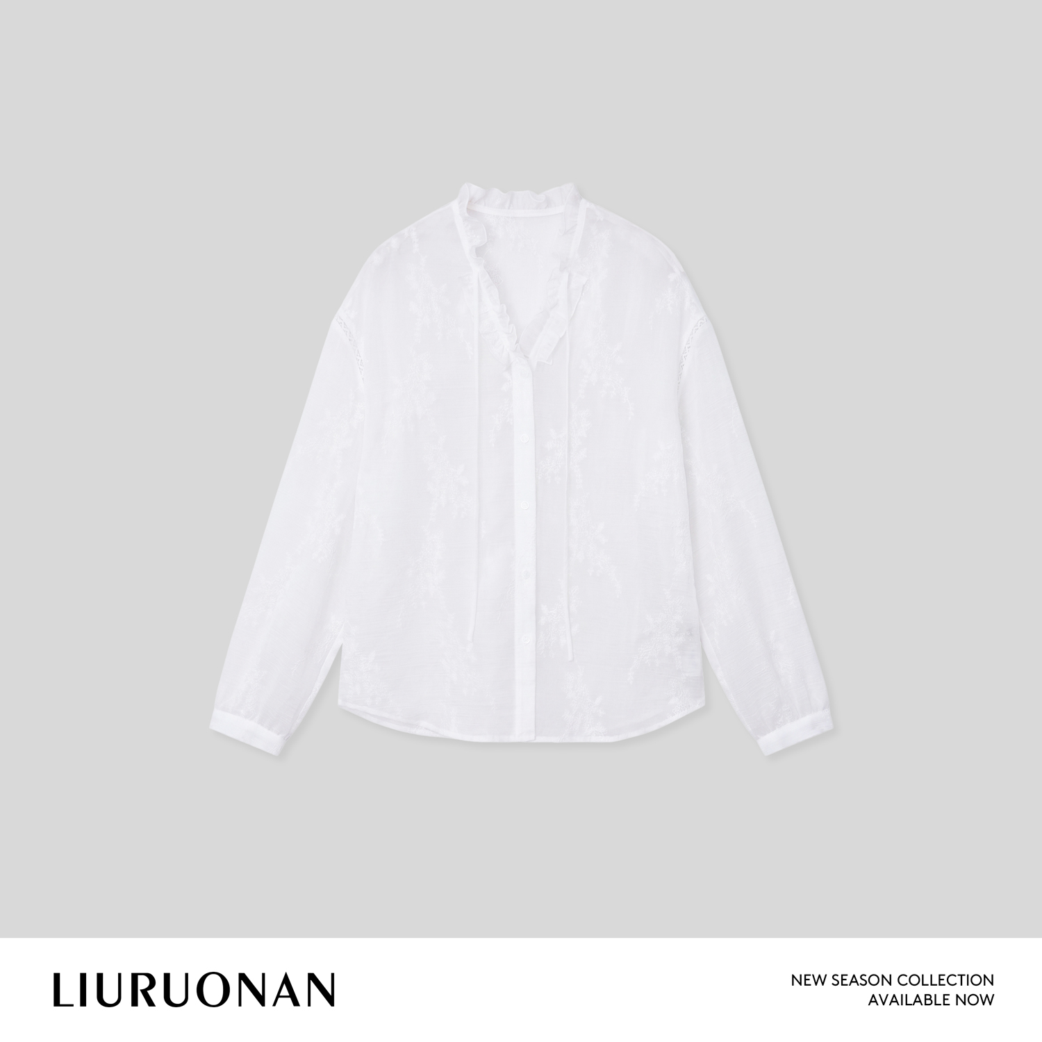 LIURUONAN【莎士比亚花园】木耳边刺绣V领系带衬衫春夏气质微透衬衣