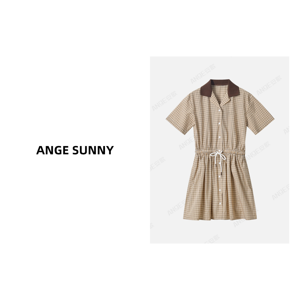 ANGE SUNNY【赵今麦同款 格纹连衣裙】字母刺绣短袖翻领连衣裙