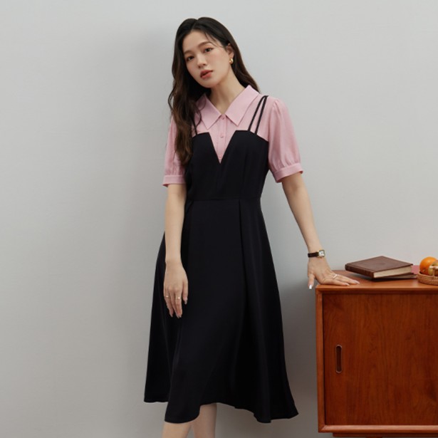 【粉丝】独束微胖MM大码女装假两件撞色连衣裙高腰显瘦小黑裙23DS82