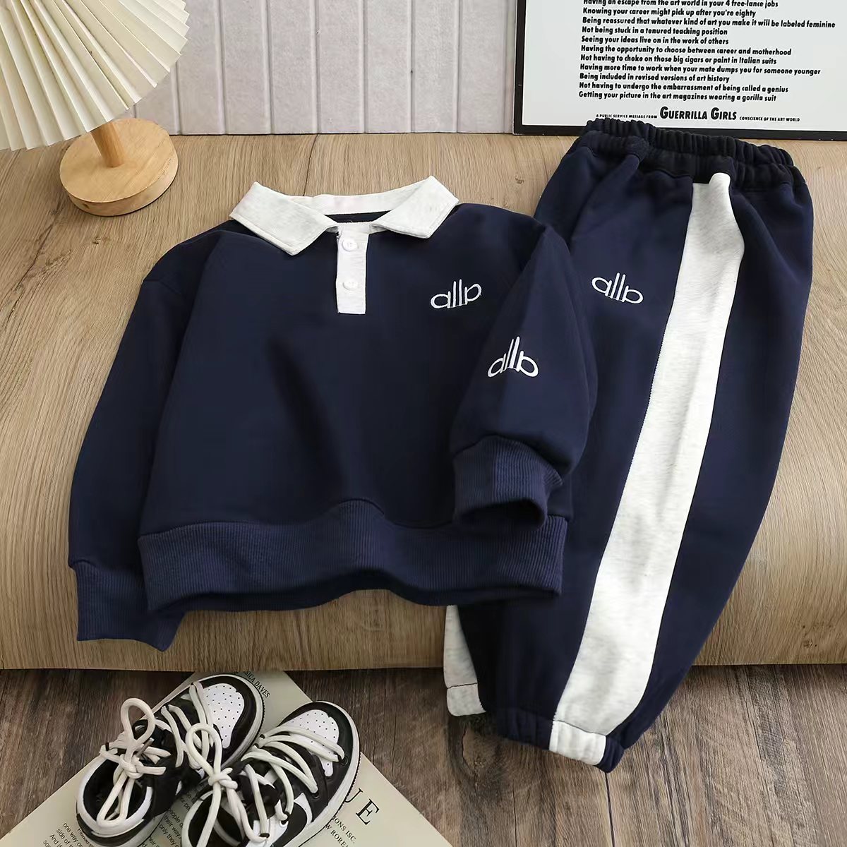 秋冬长袖宽松套装亲子装男童POLO衫加绒卫衣洋气字母运动百搭女童