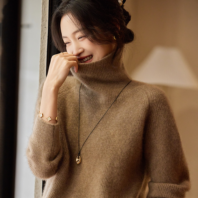 秋冬新款100%纯羊毛衫女高领加厚宽松慵懒风毛衣针织打底