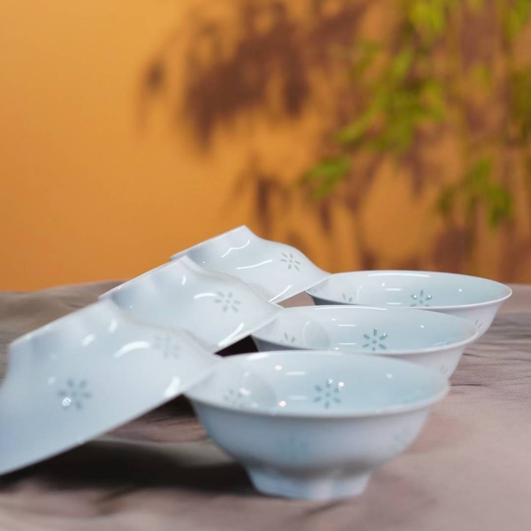 富玉玲珑景德镇陶瓷高温玲珑米饭碗陶瓷碗青釉碗餐具家用六个