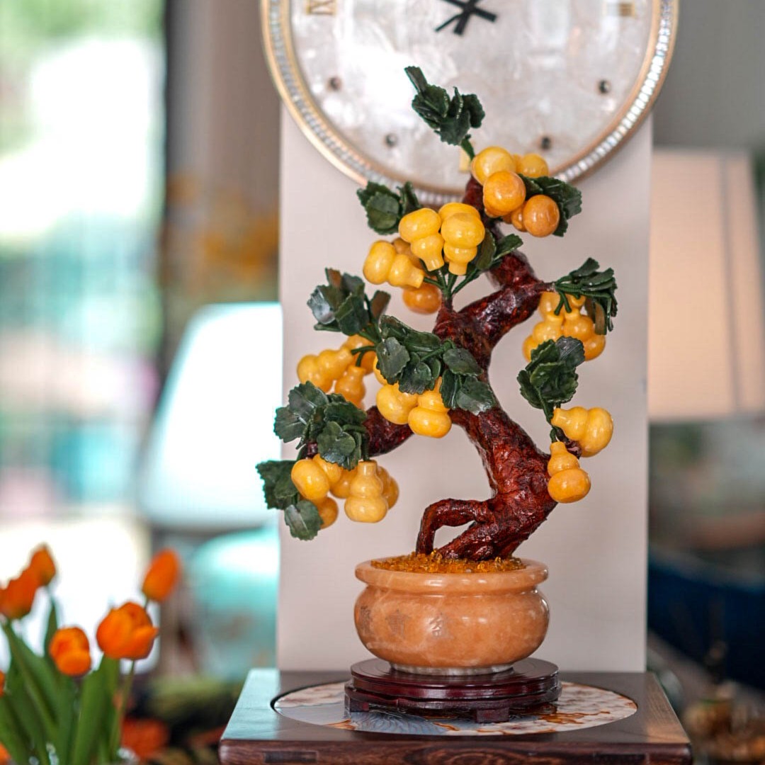 【奇居腾飞】中式天然玉石纯手工中式桌面盆栽聚宝盆葫芦摆件