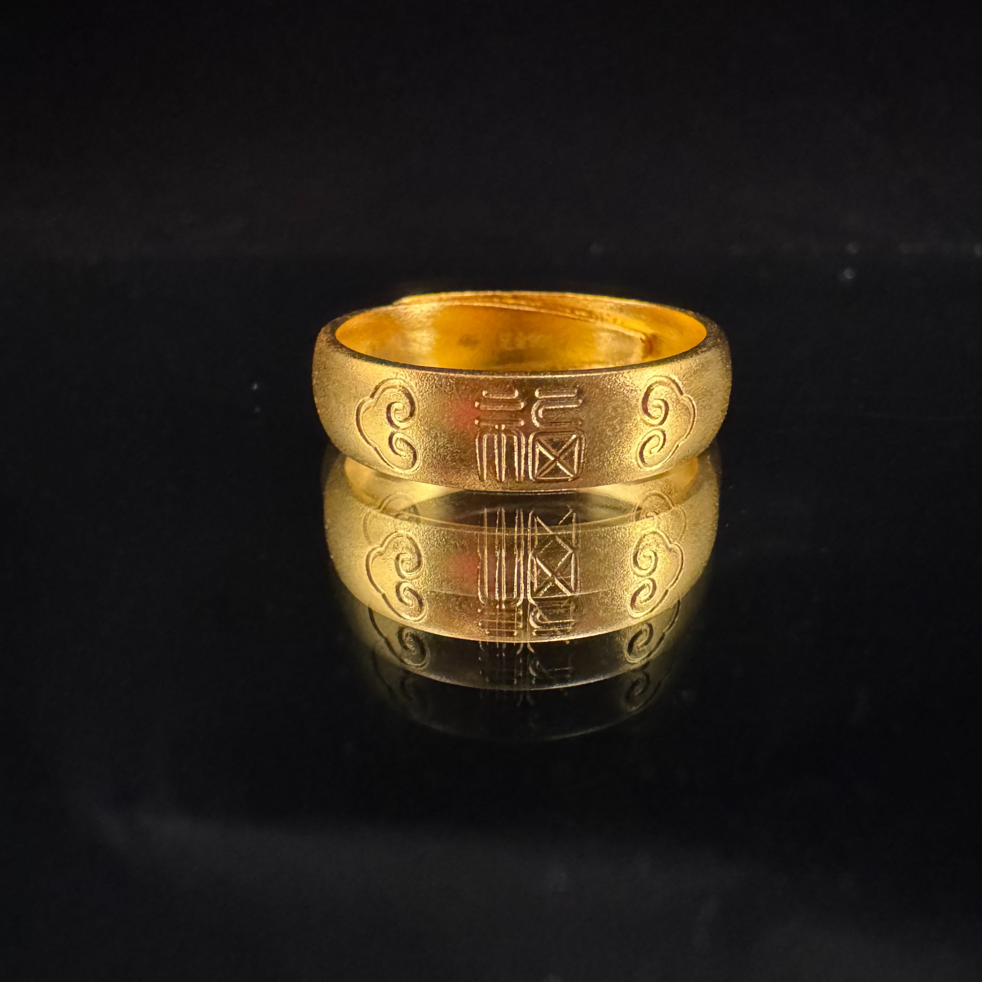足金999.9古法黄金福字戒指 活口戒指