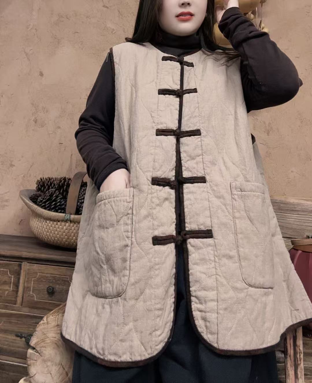 添米原创炒色复古做旧秋冬季盘扣加棉口袋马甲外套（衣长75胸围130