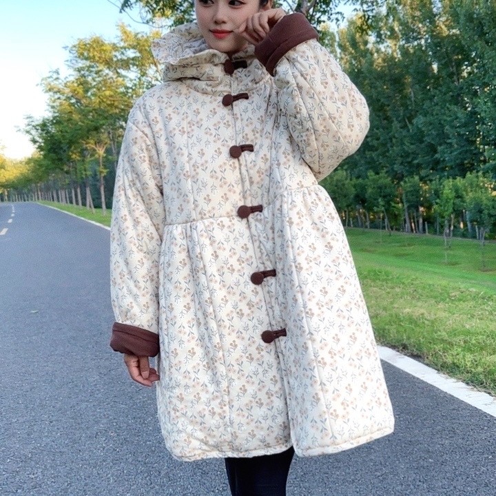 新疆棉棉花衣90衣长戴帽小裙摆家居棉服