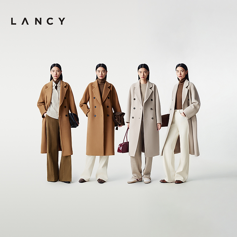 【林允同款】LANCY/朗姿2025冬新款复古双排扣毛呢外套女翻领大衣