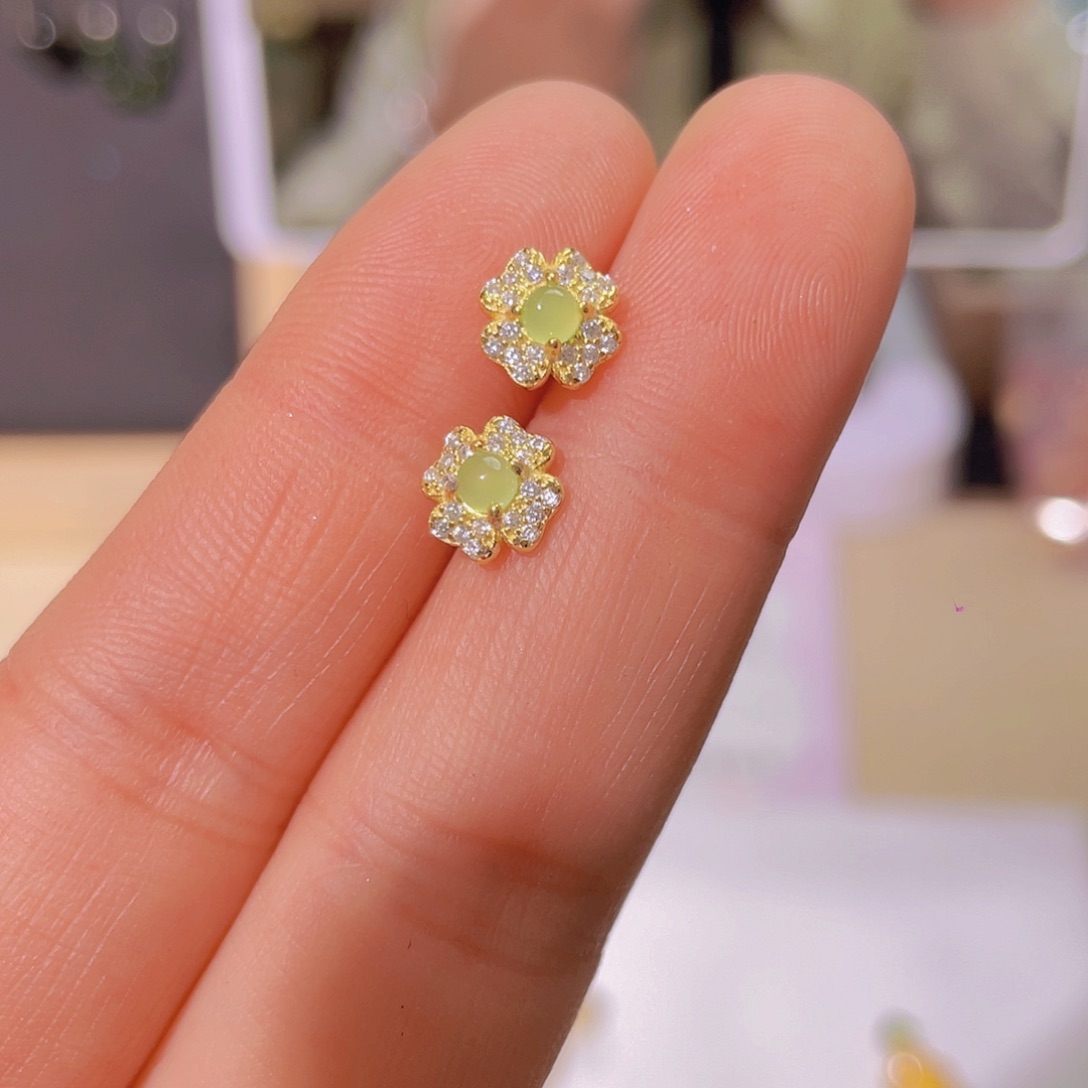 和田玉耳饰银S925镀金镶嵌