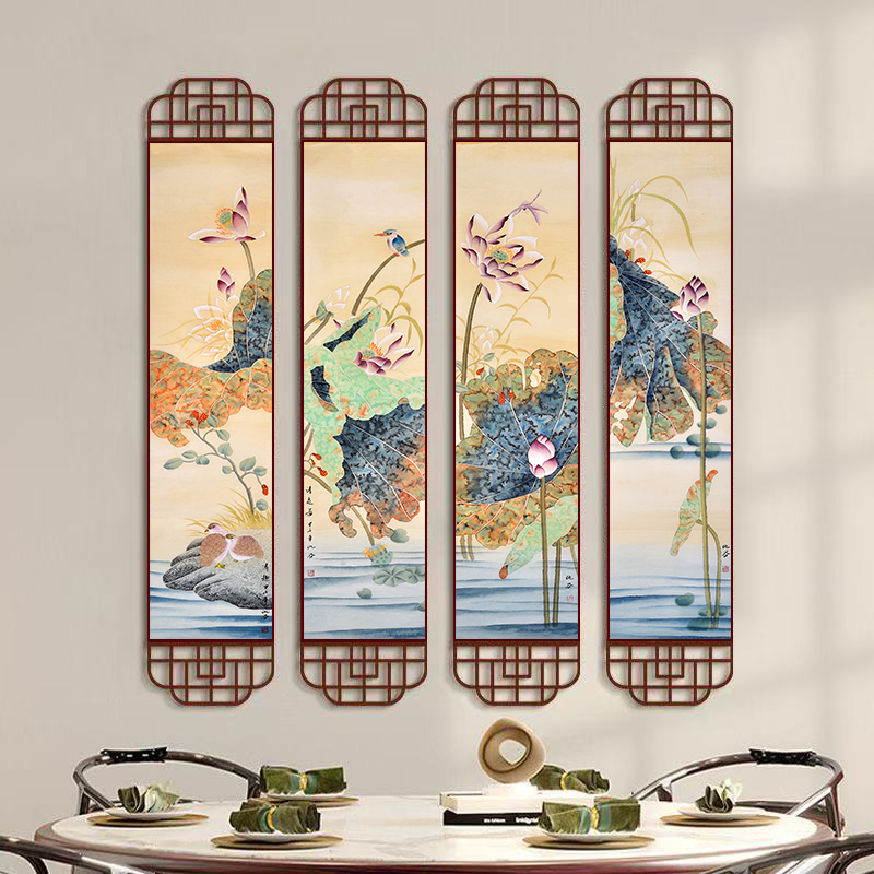 中式荷花国画新中式玄关过道挂画竖版客厅装饰画餐厅墙书房壁画