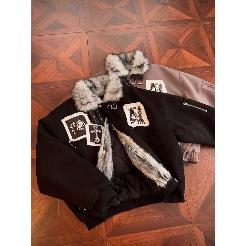 美式复古贴布毛领座山雕棉服外套男女保暖夹克冬