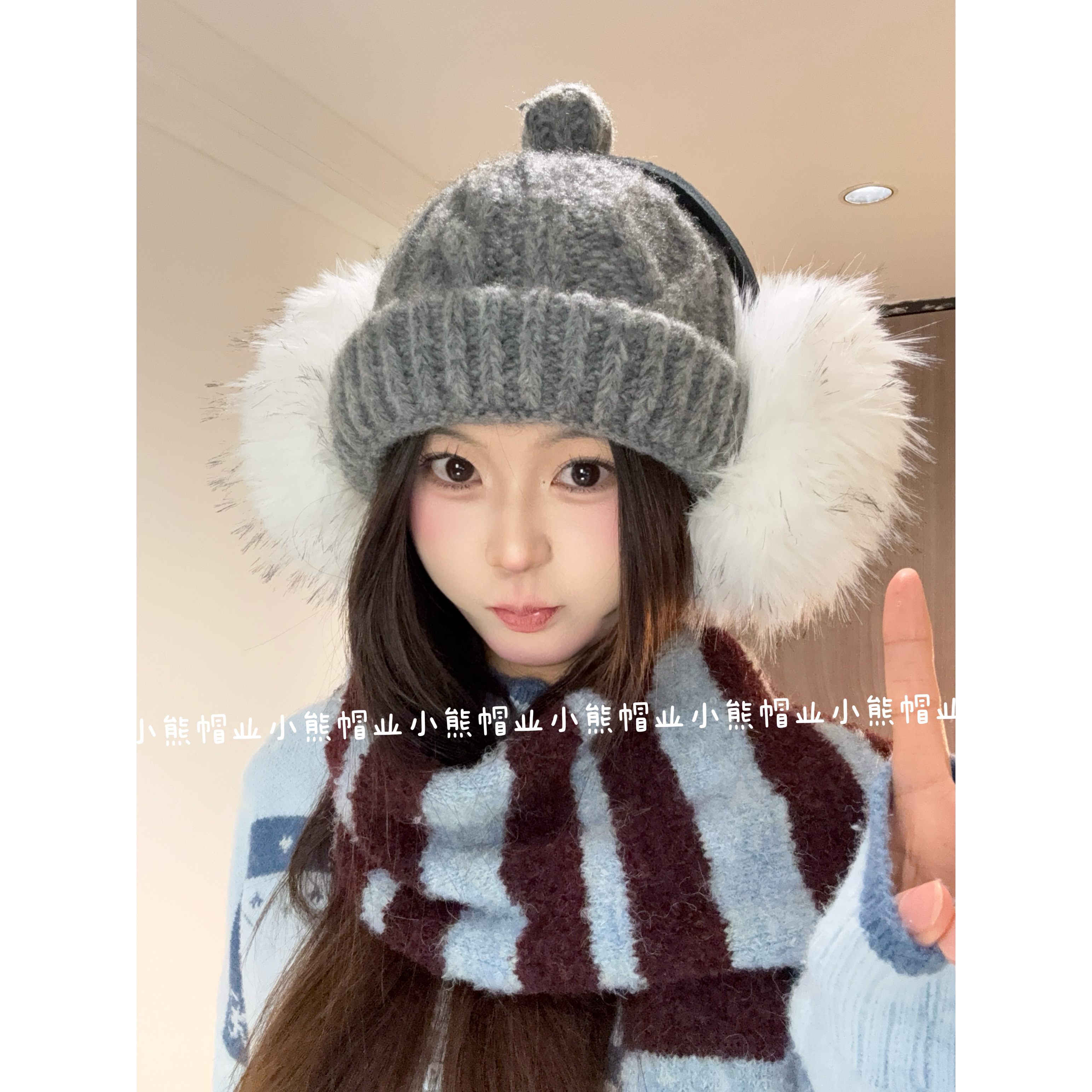 韩系新款秋冬可爱毛球加厚针织护耳帽女时尚保暖百搭