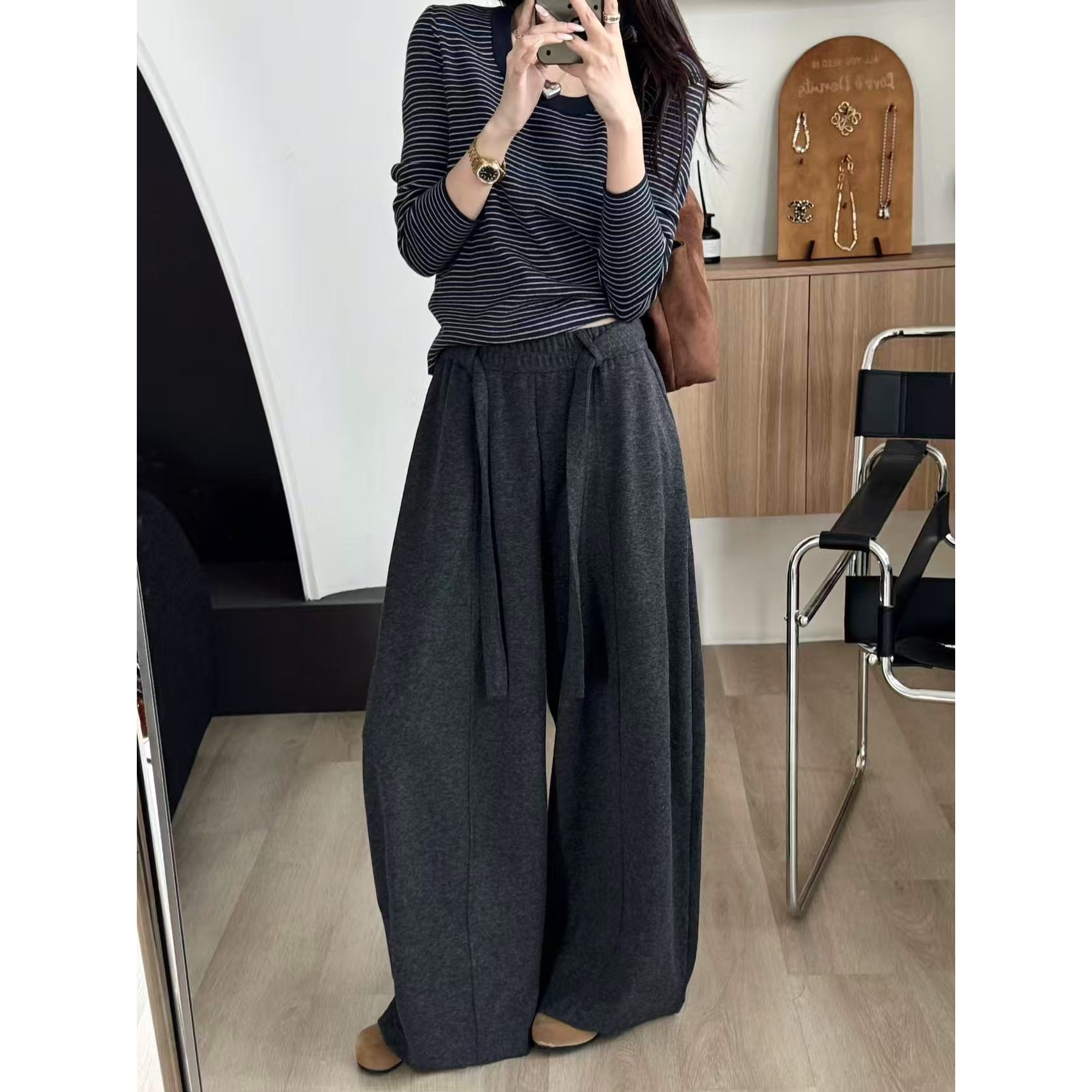 SP 复合羊绒加厚加绒慵懒高腰纯色拖地垂感裤宽松老钱松弛感裤子 