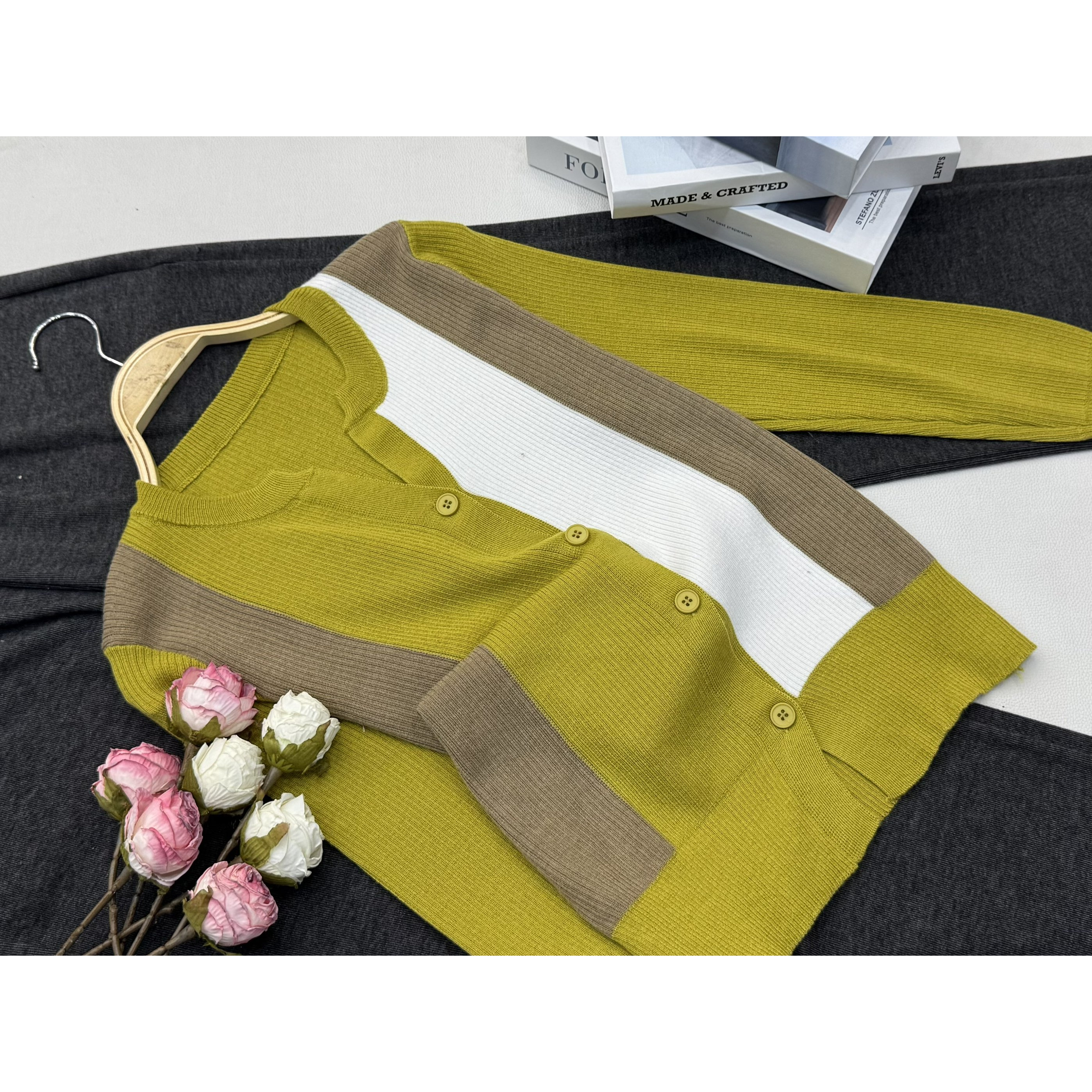 【黄绿色拼色开衫】早秋新款时尚长袖针织上衣QC5372