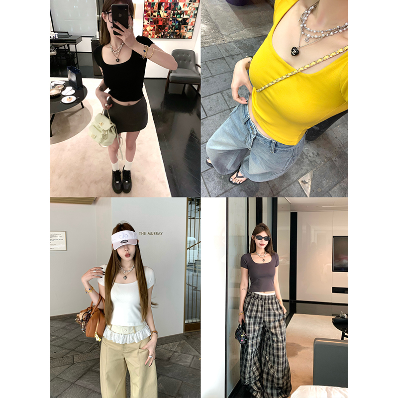 LUU桃喜儿/修身短款方领T恤女夏百搭设计感短袖上衣