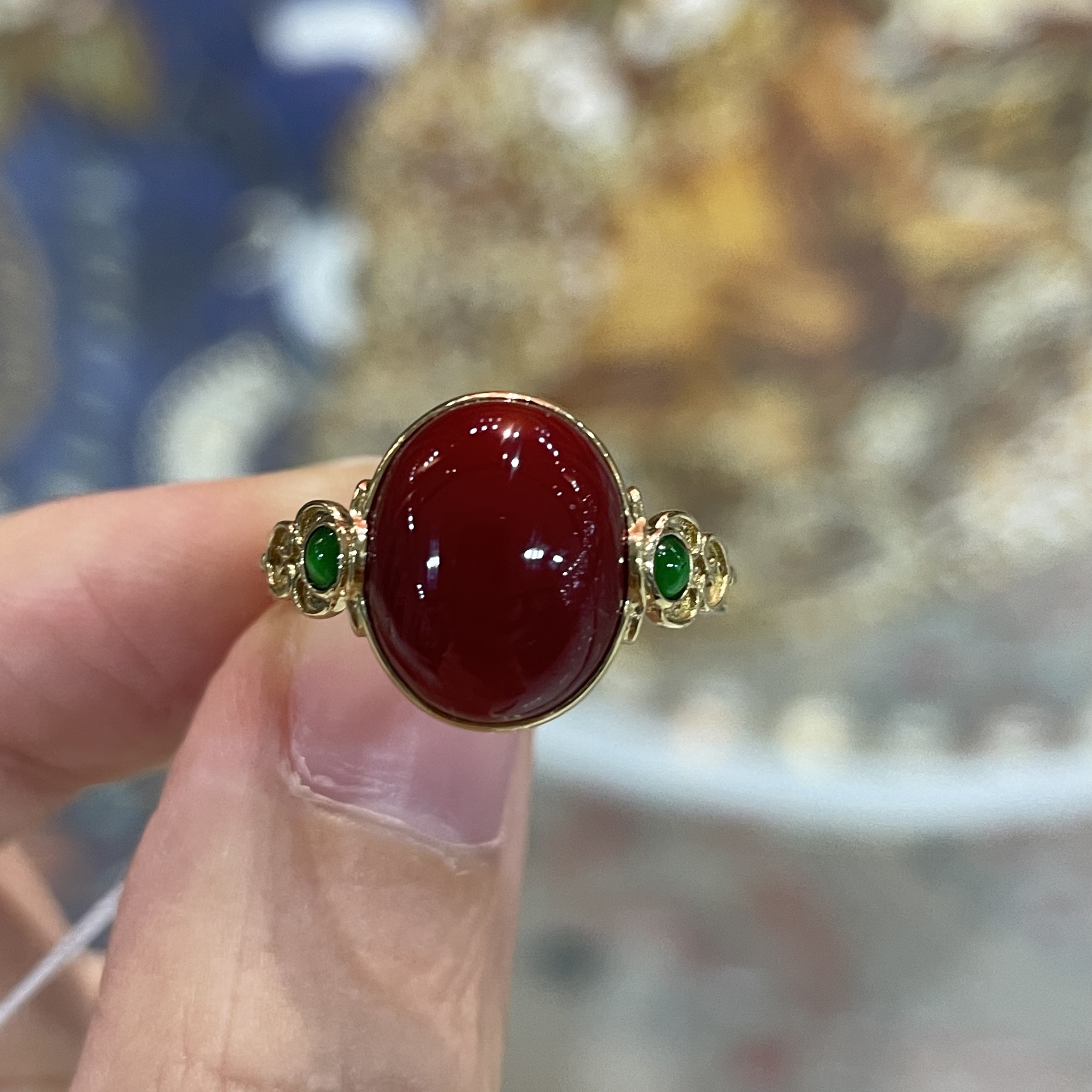 日本阿卡红珊瑚牛血蛋面戒指新中式国风气质饰品女