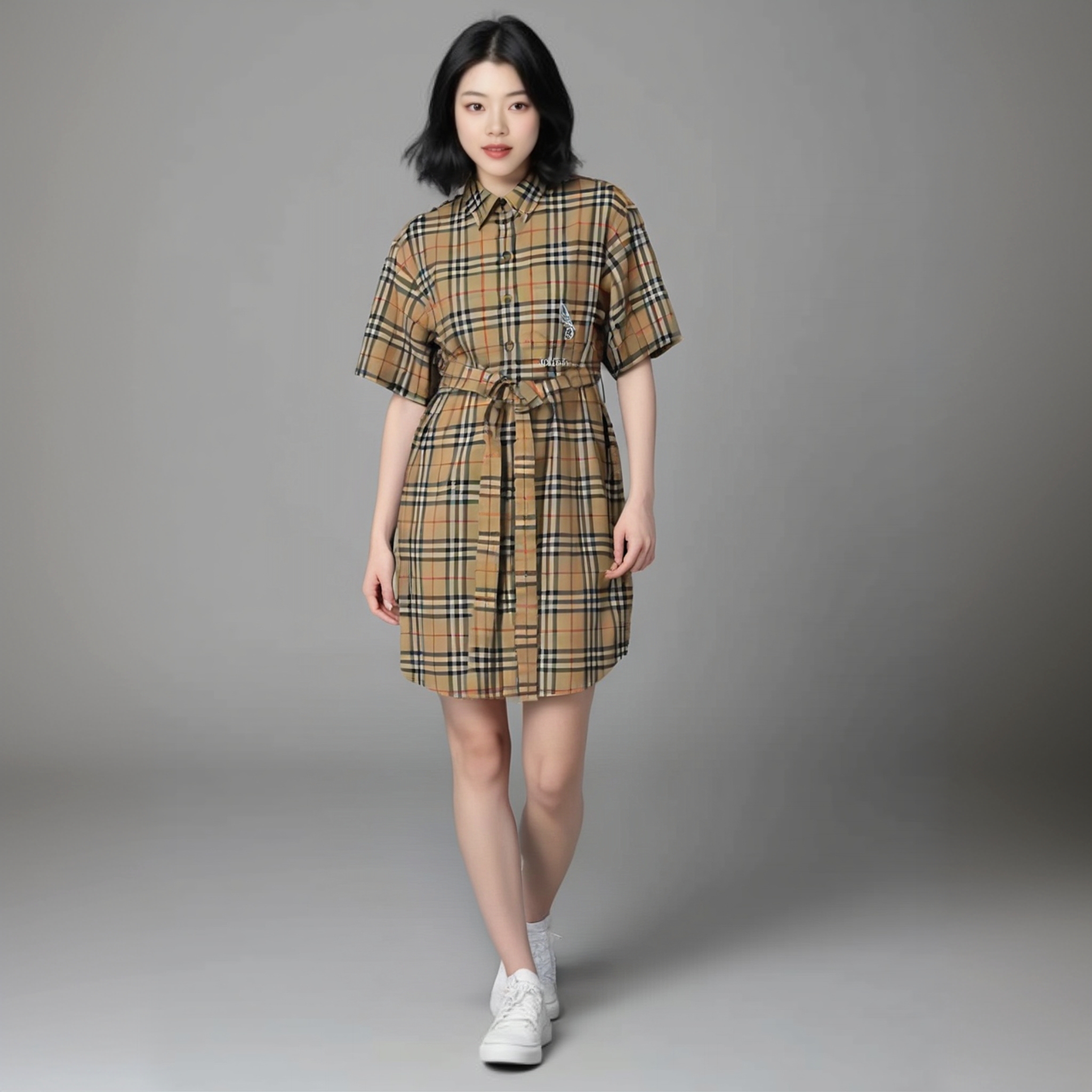 99新 BURBERRY/博柏利 13569593 独角兽格纹衬衫裙 卡其色 UK8码