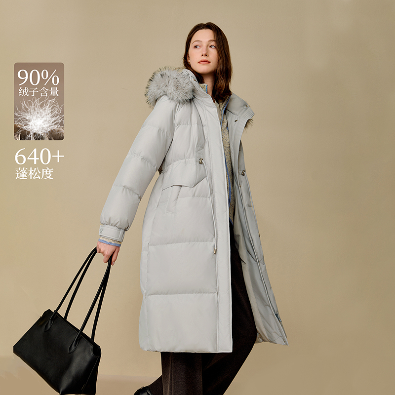 【流光风穿搭】茵曼25冬季可拆连帽毛领长款羽绒服高充绒量鸭绒外套